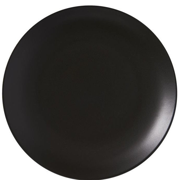 A simple matte black round plate shown from a top-down view on a solid white background.