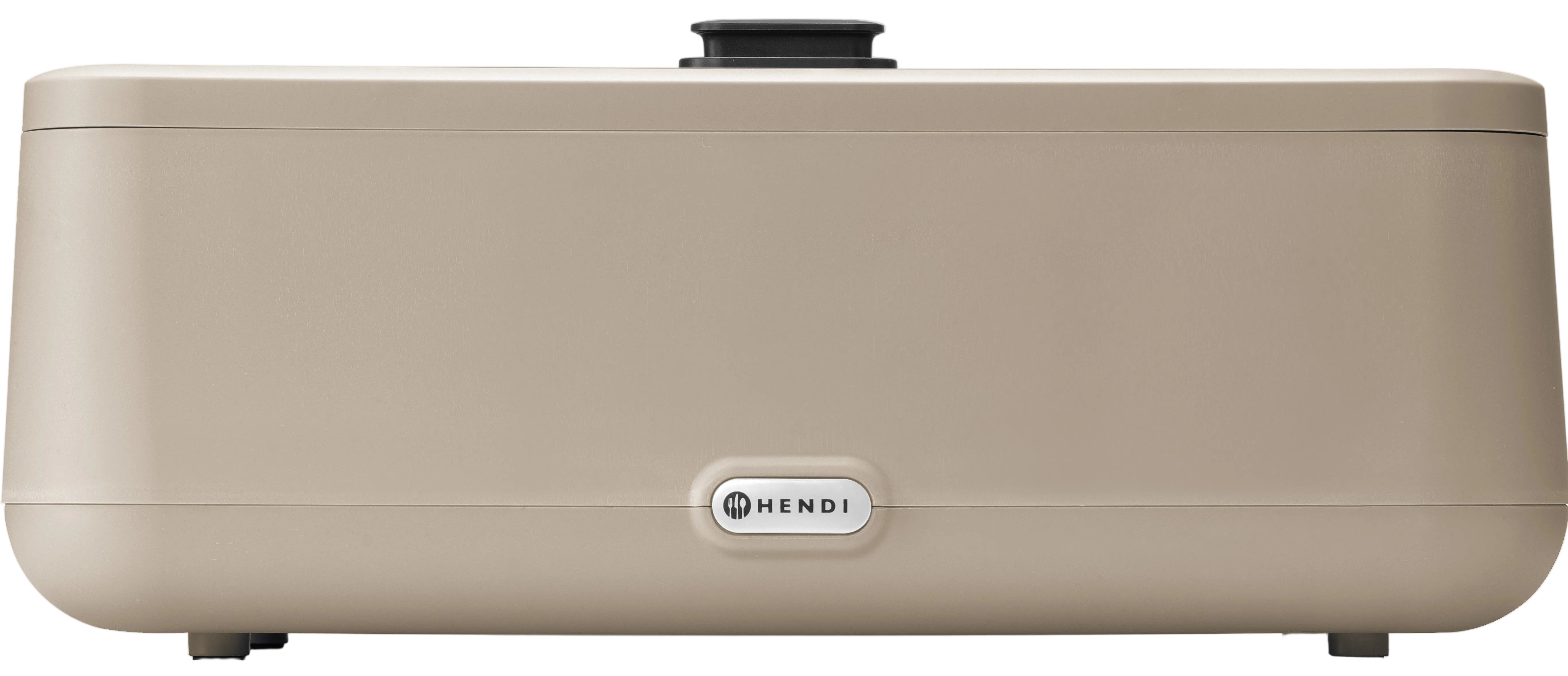 A HENDI countertop appliance in a warm beige finish, featuring a rounded rectangular body, a top-mounted black lid knob, and a silver oval logo plate on the front.