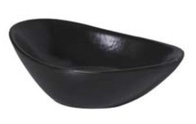 A black oval-shaped ceramic bowl with a smooth, slightly glossy finish, shown on a plain white background.