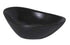 A black oval-shaped ceramic bowl with a smooth, slightly glossy finish, shown on a plain white background.